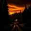 Placeholder: dark night, orange sunset colors in the sky, a lonely cottage with the lights on in the distance on a mountain in the woods, a lonely dark figure walking down the road