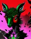 Placeholder: Comic book art style black lamb with red eyes, contrasting green meadow, cartoonist, digital portrait, dark fantasy, black iridescent skin, holographic, shiny, PVC texture, wet look, anime, gothic