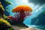 Placeholder: Creation: photorealistic exotic giant fungus and coral with tentacles floating down to a rocky shoreline, cliffs, and cloud trees