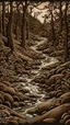 Placeholder: A dark brown forest creek covered in mud painted by MC Escher