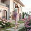 Placeholder: a fahion model beautiful lady with modern clothing modern high heels and makeup is walking in yard of a luxury villa next to flowers. High-quality CGI, octane render, 8k resolution, whimsical, adorable, clean composition. long shot ,4:3