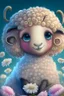 Placeholder: Happy and cute Scottish Highland sheep with dreamy sparkling eyes, gender girl, 4K resolution quality, sitting and holding a flower, nursery art, very beautiful and highly polished, with full details, smooth edges, soft hair and cotton O, flawless facial features, stunning, whimsical fantasy, beautiful, detailed, well-rendered, cartoon, illustration