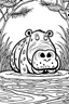 Placeholder: DRAW TO COLORING OF A HIPPO ON A LAKE, BLACK AND WHITE CARTOON STYLE, LOW DETAILS, THICK LINES, NO SHADING LINES