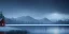 Placeholder: small house, windows, heavy snow, mountain, big blue lake water, night, snowing