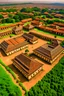 Placeholder: aerial view of fusion of elaborate extravagant large grand pre-colonial west Africa Benin kingdom city asante royal multiple non-attached separate buildings within the palace complex built with straw bale thatch roof .