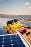 Placeholder: Spongebob lying on a solar panel, sunbathing, sunglasses on, in the distance, wide view, solar farm in the background