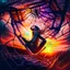 Placeholder: A young woman tries to climb out of a cocoon of spider webs that surround her in an apocalyptic gamut, sunset dramatic shot, wide lens, dramatic colors, outdoor shot, impressive artwork, 12K