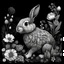 Placeholder: a beautiful rabbit between seeds and big flowers black background .black and white colors. for a coloring. with grayscale