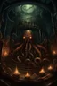 Placeholder: A cage behind which there are eyes, mouths, darkness, tentacles and fire. Realistic. Lovecraft style