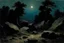 Placeholder: Night, rocks, trees, begginer's landscape, fantasy movies influence, friedrich eckenfelder, and willem maris impressionism paintings