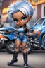 Placeholder: create an airbrush illustration of a chibi cartoon voluptuous black female wearing a blue jean outfit with biker boots. Prominent make up with hazel eyes. Extremely highly detail of a very low platinum blonde pixie haircut. Background of a bike show.