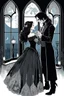 Placeholder: in a Victorian-style dress with a pale face, black long haired vampire sucking blood from the neck of a beautiful young woman wearing a wonderful victorian-goth lace dress. The woman has a faint smile on her face, her eyes are closed. Gothic-style room in the background, semi-darkness, the light of the full moon shines through the large window onto the horror scene, high detailed, sharp focus, masterpiece