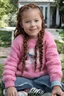 Placeholder: Sherrie Sue Engellant, a tiny 10-year-old girl with Long, auburn red-brown hair cornrow style, sea-green eyes, sitting in her front yard wearing a pink, knit, turtleneck sweater, blue jeans, black converse sneakers, a sly, clever grin on her face, (plump, full, pouty lips) ,