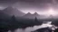 Placeholder: Cloudy dark sky, Distant epic mountains, river, rocks, trees