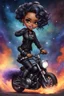 Placeholder: Create a galaxy art illustration of a chibi cartoon full figure black female riding a sports motorcycle. She is wearing tie dye and black tights with biker boots. Prominent make up with log lashes and hazel eyes. Extremely highly detailed black shiny wavy hair up in a messy bun. Background of smoke surrounding her and the bike and she's at a bike show.