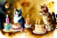 Placeholder: beautiful composition, cat birthday party with cake, watercolor and ink, golden glitters in ochre in sunshine