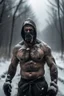 Placeholder: a man, muscular tough, shirtless, scarred, bruised, heroic, standing in a middle of a snowy wilderness, harsh cold climate, stormy, daylight, wearning an iron face mask cover, walking through storm, tough and strong vibes