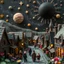 Placeholder: Detailed, people, street made of modeling clay and felt, village, stars, galaxy and planets, black sun, volumetric light, ZBrush, Max Ernst, flowers, naïve, Tim Burton, strong texture, extreme detail, Yves Tanguy, decal, rich moody colors, sparkles, Harry Potter, bokeh, odd