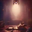 Placeholder: dark fantasy concept art, dynamic lighting, hyperdetailed, intricately detailed, Splash screen art, deep color, Unreal Engine, volumetric lighting, fantasy library artwork, indoors, cozy, leather, wood, library, books,