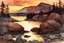 Placeholder: Sunset, rocks, mountains, rocky land, epic, winslow homer watercolor paintings