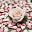 Placeholder: A photo of a white card, 5.5 by 4.25 inches. The card is vertically positioned on a beautiful white surface, positioned between pink rose petals and litte golden hearts.