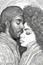 Placeholder: Coloring book page, black and white, Black couple in love, high detail, thick lines