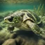 Placeholder: Bass Turtle vivid green and tan with big black eyes, masterpiece, best quality, background lake