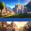 Placeholder: Clear focus, 8k, high quality, detailed, beautiful lighting, European mountain village fantasy, Castle, Houses, Three,