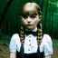 Placeholder: dakota fanning as Wednesday addams, braids, bangs, in tge woods