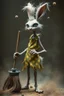 Placeholder: artist Jean-Baptiste Monge style. a unhappy, disgruntled biomorph tall lanky skinny fuzz-headed old dust bunny. skinny arms, legs and body. covered all over in bits of dust and dirt. blue eyes. A yellow dotted green raggedy apron. holding a mop and pail. standing in a cloud of dust. large bits of dirt flying around his head. In Style of Tim Burton