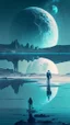 Placeholder: sci-fi landscape with water and man and moon