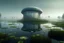 Placeholder: futuristic freeform Iranian beach house with void under mass of building in the marsh, Water lily on water surface wealth of flora, with dancing performance, fog and rain, light ray