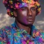 Placeholder: full body shot, masterpiece, best quality, man of median age, black skinned, sparkling eyes, fluorescent skin, colorful makeup, afro, highly detailed body, afrofuturism, scifi, sun light, 4K, RAW, depth of field, high contrast, realistic details, 24mm