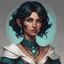 Placeholder: dungeons and dragons human female warlock, tanned skin, short length wavy ink black hair, hair that reflects a dark teal hue, light gray eyes that glow, tan skin, wears off the shoulder white peasant top, wears a choker necklace made of black pearls , portrait