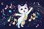 Placeholder: cute chibi dynamically dancing cat, holographic, bioluminescent, an image visualizing musical notes in an abstract and dynamic composition. Let the musical notes dance in the air, forming a symphony of shapes and symbols that convey the essence of sound. Show the notes floating and intertwining in air, creating a visually harmonious composition