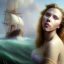 Placeholder: A beautiful portrait of Scarlett Johansson as a mermaid , leaning on a ships deck ,Rough sea in the background, (digitall art by Eugene de Blaas and Ross Tran, vibrant color scheme, highly detailed, in the style of romanticism, cinematic, artstation best quality, realistic lighting, masterpiece portrait, details light dusting , cowboy shot from above, simple chain hauberk Vector art digital illustration 3D shading )