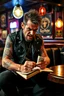 Placeholder: A very angry and bitter punk rocker sitting on a pub looking very angry, writing in his notebook new songs for his punk rocker band