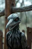 Placeholder: smilende zombie crow av tre foran et kastanjegjerde in the style of giger and fallout 4 ,,bokeh like f/0.8, tilt-shift lens 8k, high detail, smooth render, down-light, unreal engine