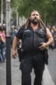 Placeholder: half figure shot photography strong chubby burly 39 years old neapolitan policeman, curly beard, dreadlocks, shirtless, manly chest, bulging trousers, in the sun, leaning against a lamppost in the middle of a crowded street, side light, sweat and wet