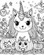 Placeholder: A unicorn with pumpkins and ghosts, kawaii style, fine lines, black and white, coloring page