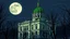 Placeholder: digital painting, A large, ornate green domed building with intricate architectural details, surrounded by bare trees against a night sky with a full moon, bold and slim lines, brush strokes