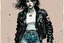 Placeholder: Create and fine print full body illustration of a Goth Girl with finely lined and detailed facial features in a battered leather jacket adorned with patches from countless encounters, torn black skirt ,battered combat boots, and a riotous assortment of belts and buckles that jingled with every step, in the graphic novel style of Bill Sienkiewicz, and Jean Giraud Moebius, precisely drawn, colored and inked