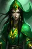 Placeholder: yuan-ti female sorcerer with green skin, black hair, yellow eyes