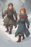 Placeholder: DnD style, two medieval peasant kids playing in the snow male and female, age 14 and 15, happy and playful, he has a short sword.