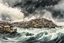 Placeholder: an abstract ink wash and watercolor illustration of a storm tossed, highly detailed coastal fishing village with ominous thunderheads and pounding surf , finely drawn and inked, 4k, hyper detailed and vibrantly colored