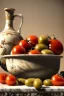 Placeholder: renaissance style still life composite, Ravioli pasta with natural cherry tomato, albahaca, olives, olive oil bottle. Dish, moisture, art, natural, ornaments, ceramic, marble, high kitchen, smooth, god rays, unreal engine 5, ray tracing, RTX, lumen lighting, ultra detail, volumetric lighting, 3d.