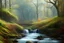 Placeholder: Peder Monk Monsted style, forest, creek, bushes, small wooden bridge