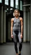 Placeholder: photography of a beautiful anorexic woman, grey satin triathlon top, sports illustrated, blond short wavy bob haircut, pronounced sternum, flat chest, anthracite cycling leggins