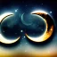 Placeholder: Two large crescent moon with shiny stars, dark, hazy, macro photography, tilt shift blur, high definition, 8k, beautiful, night sky, wind, stars, detailed warped, water droplets, bat shape silhouette