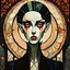 Placeholder: create an abstract, cubist, highly ethereal, darkly magical full body illustration of a deeply sorrowful, savage Nosferatu vampire girl with highly detailed and deeply cut facial features, in the style of GUSTAV KLIMT, EDWARD BURNE-JONES, WILLIAM MORRIS, and KATHE KOLLWITZ combined with the comic art style of BILL SIENKIEWICZ and JEAN GIRAUD MOEBIUS, searing lines and forceful strokes, precisely drawn, inked, and darkly colored